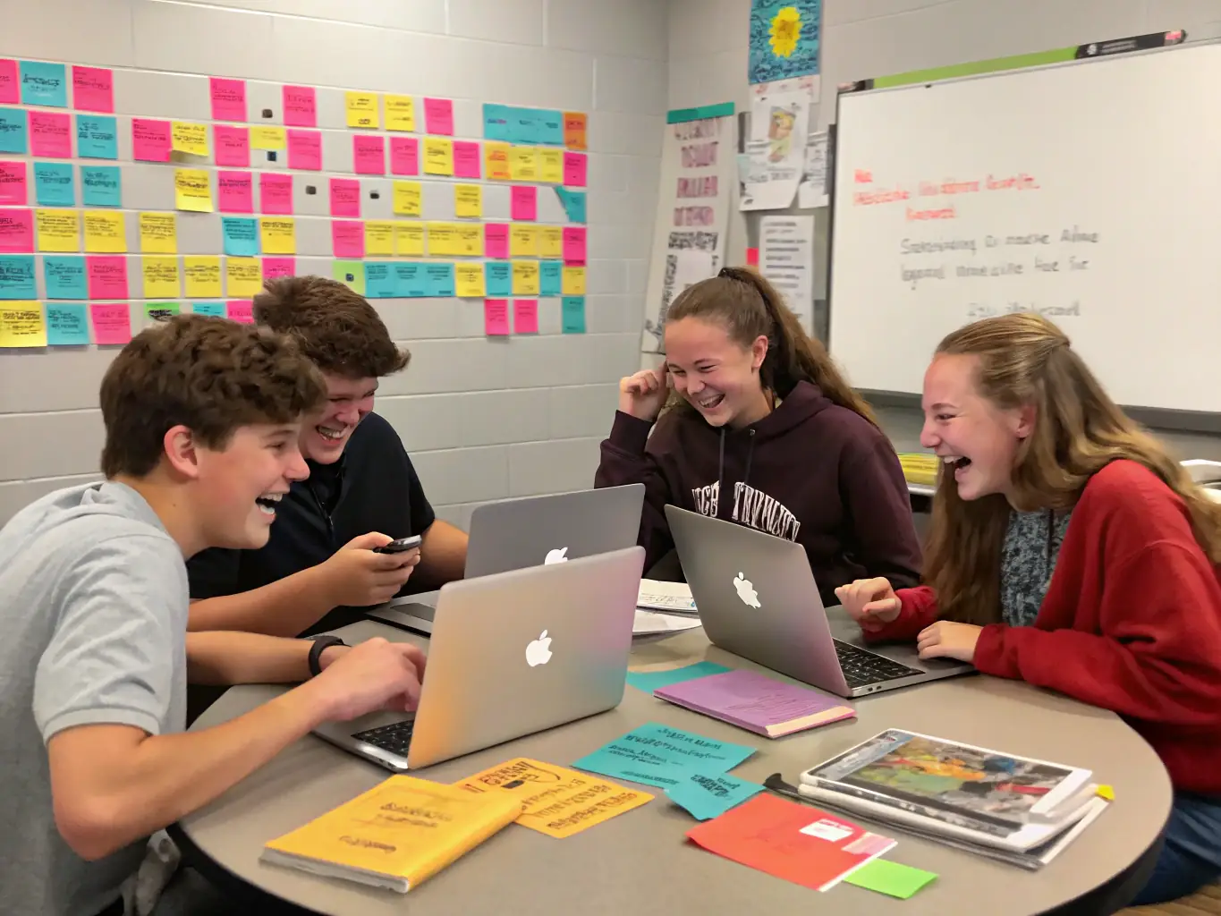 An image depicting a diverse group of students working together on an AI project during a Digital Dharm workshop, showcasing teamwork and problem-solving skills.
