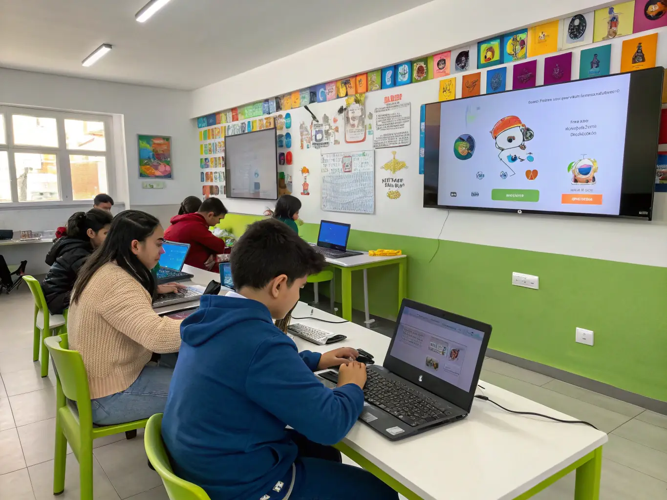 A visually appealing image of a Digital Dharm instructor guiding students through an AI model demonstration, emphasizing the practical application of AI concepts.
