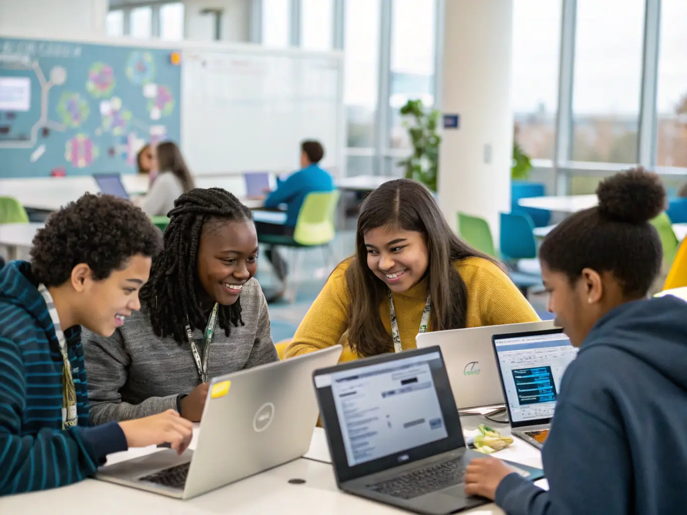 A diverse group of high school students collaboratively working on a coding project during a Digital Dharm AI workshop, showcasing teamwork and hands-on learning.