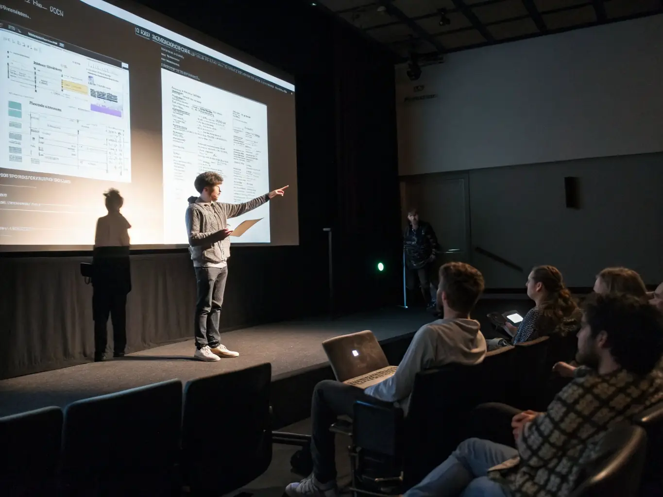 A student presenting their AI project to a panel of judges, showcasing their innovative solution and demonstrating their understanding of AI principles, set in a school auditorium during a science fair.