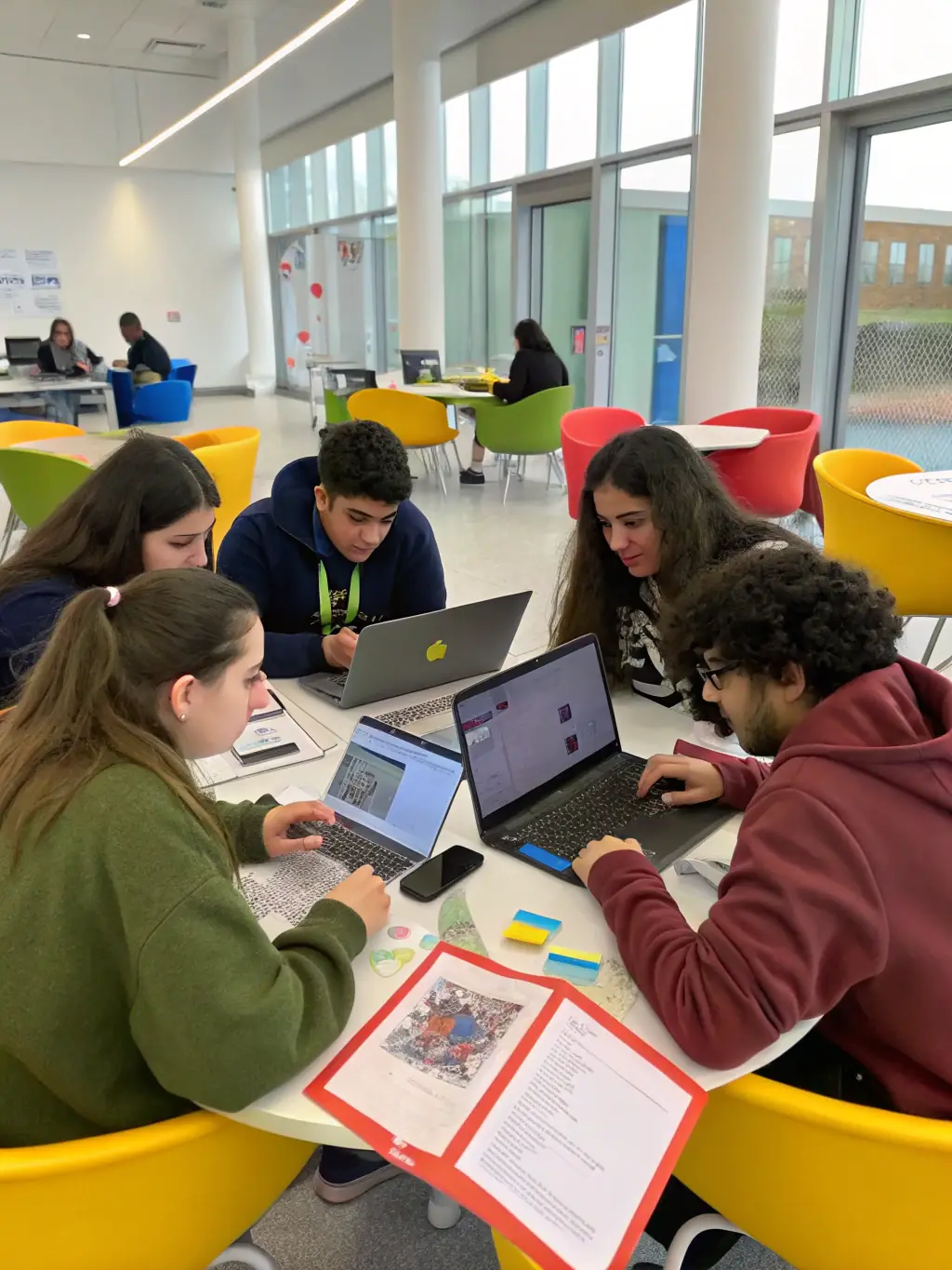 A group of high school students enthusiastically participating in a hands-on AI workshop, building a simple AI model with guidance from an instructor.