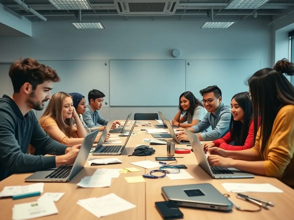 A diverse group of high school students actively participating in a hands-on AI workshop, collaborating on a coding project with laptops and engaging in lively discussions, set in a modern classroom environment.