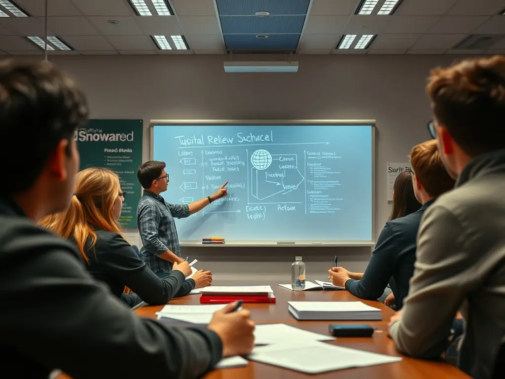 A teacher facilitating an AI workshop, guiding students through a complex problem-solving activity, using interactive whiteboards and visual aids to explain key concepts, fostering a collaborative learning environment.