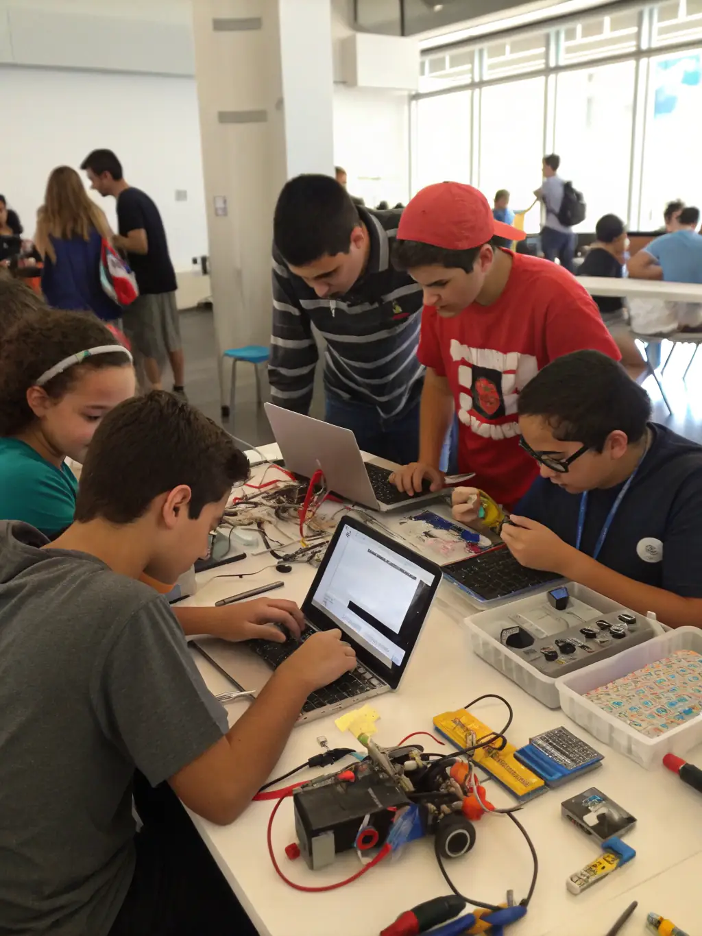 Students working on a coding project during an AI and Robotics workshop, programming a robot to perform a specific task.