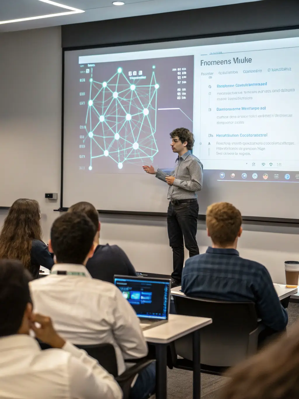 A student presenting their AI project at a workshop showcase, demonstrating the practical application of AI in solving real-world problems.