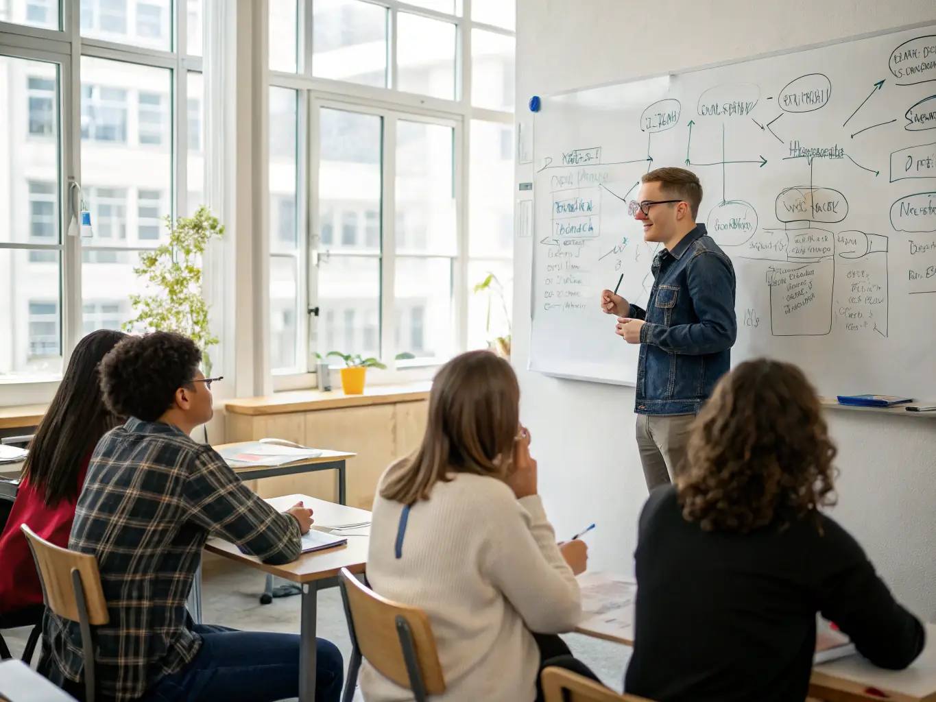 A teacher guiding students through an AI-powered research project, demonstrating how to use AI tools for academic research and writing.