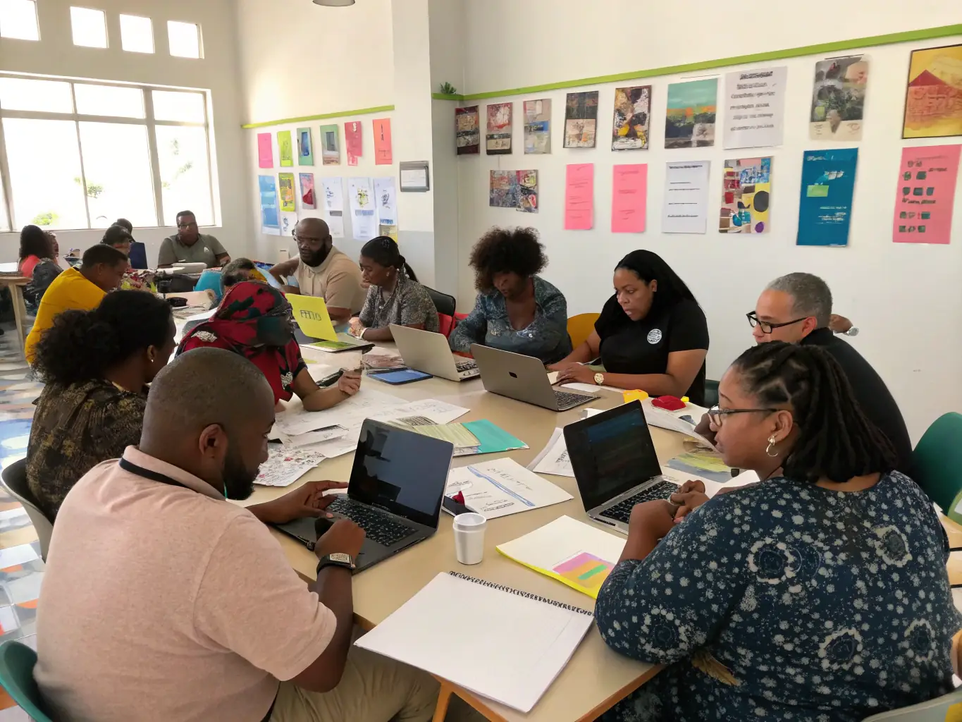 A diverse group of community members actively participating in a Digital Dharm workshop, focused on AI basics, with laptops and engaged expressions.
