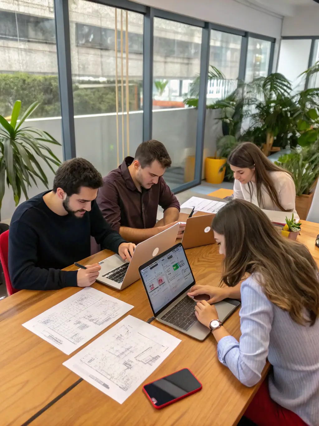 A diverse team collaboratively brainstorming AI solutions in a modern office setting, symbolizing the foundational knowledge gained from Digital Dharm's AI Foundations program.