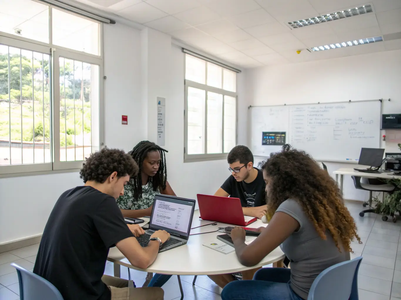 A diverse group of high school students actively participating in a hands-on AI workshop, collaborating on laptops and engaging with the instructor.