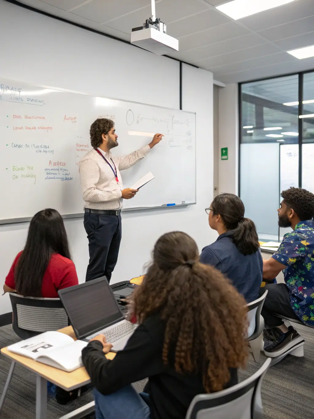 A high school teacher is leading a classroom discussion about the potential biases in AI algorithms, using real-world examples displayed on a smartboard.