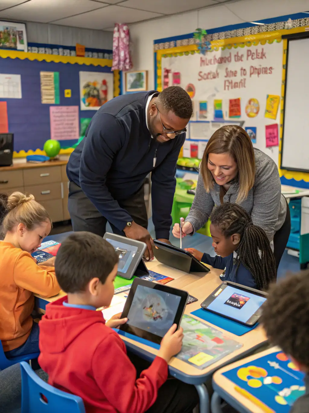 A diverse group of middle school students are participating in a hands-on workshop, collaboratively building a simple AI model on laptops, with an instructor guiding them through ethical considerations.